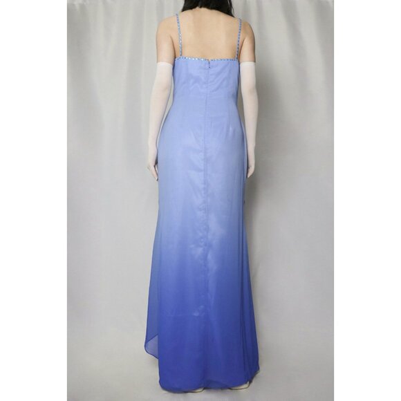 Vtg US 4 Ombre Blue Asymmetric Front Slit Mesh Overylay Slip Cocktail Gown Dress - Picture 3 of 6